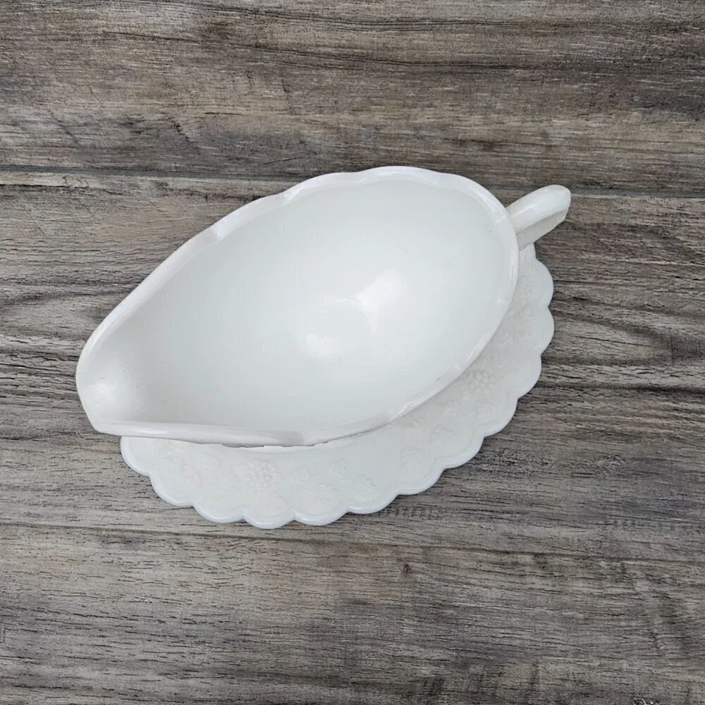 WESTMORELAND Paneled Grape Vintage Milk Glass Gravy Boat with Tray